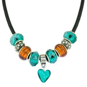 Collar con Encantos De corazón, Azules Turquesa y naranja Para Mujeres, Cadena de Cuerda De cuero, 7 pulgadas. Estilo Pandora®