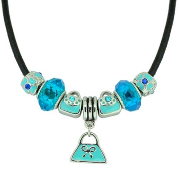 Collar con Encantos De Bolso y azul Para Mujeres, Cadena de Cuerda De cuero, 7 pulgadas. Estilo Pandora®