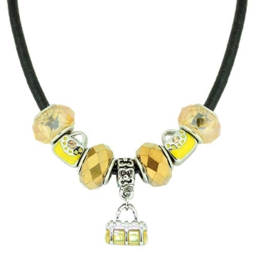 Collar de Encantos De Bolso y Amarillos Para Mujeres, Cadena de Cuerda De cuero, 7 pulgadas. Estilo Pandora®