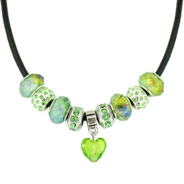 Collar de Encanto De corazón de cristal y Verdes Para Mujeres, Cadena de Cuerda De cuero, 7 pulgadas. Estilo Pandora®
