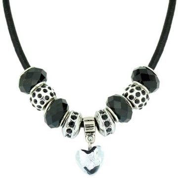 Collar de Encanto De corazón de cristal y Negros Para Mujeres , Cadena de Cuerda De cuero, 18 pulgadas. Estilo Pandora®