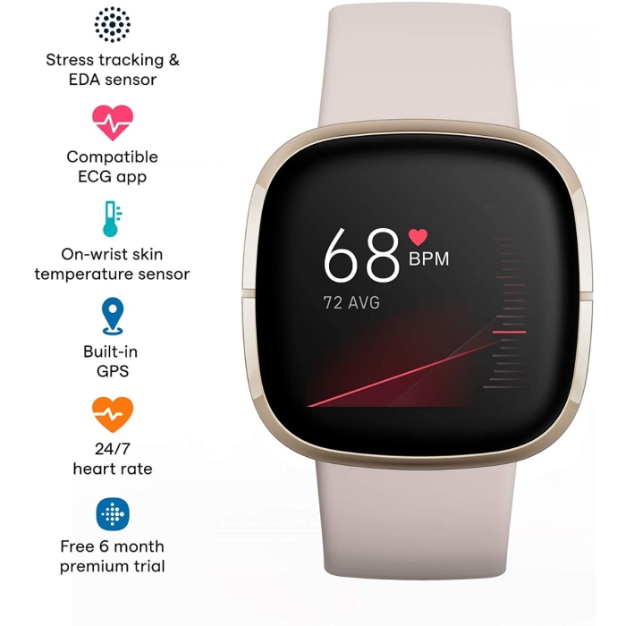 Fitbit Sense avanzado con herramientas para la salud del corazón, manejo del estrés y tendencias de temperatura de la piel, Alexa integrado, blanco / dorado, talla única (bandas S y L incluidas)