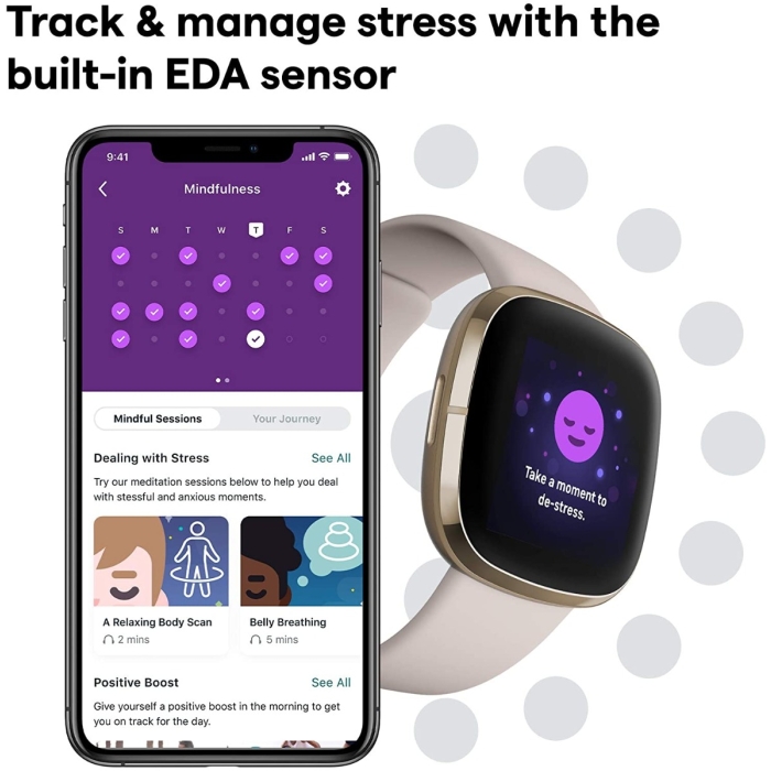 Fitbit Sense avanzado con herramientas para la salud del corazón, manejo del estrés y tendencias de temperatura de la piel, Alexa integrado, blanco / dorado, talla única (bandas S y L incluidas)