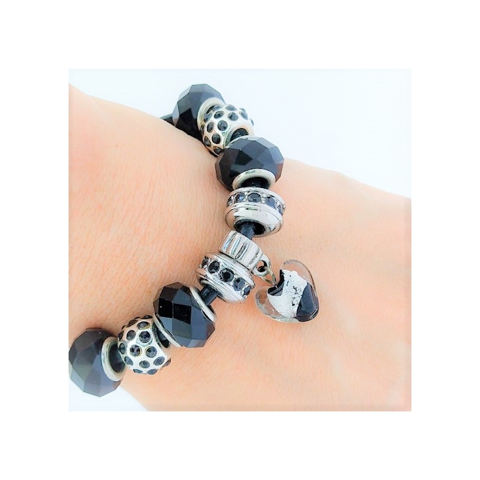 Brazalete de Encanto De corazón de cristal y Negros Para Mujeres , Cadena de Cuerda De cuero, 18 pulgadas. Estilo Pandora