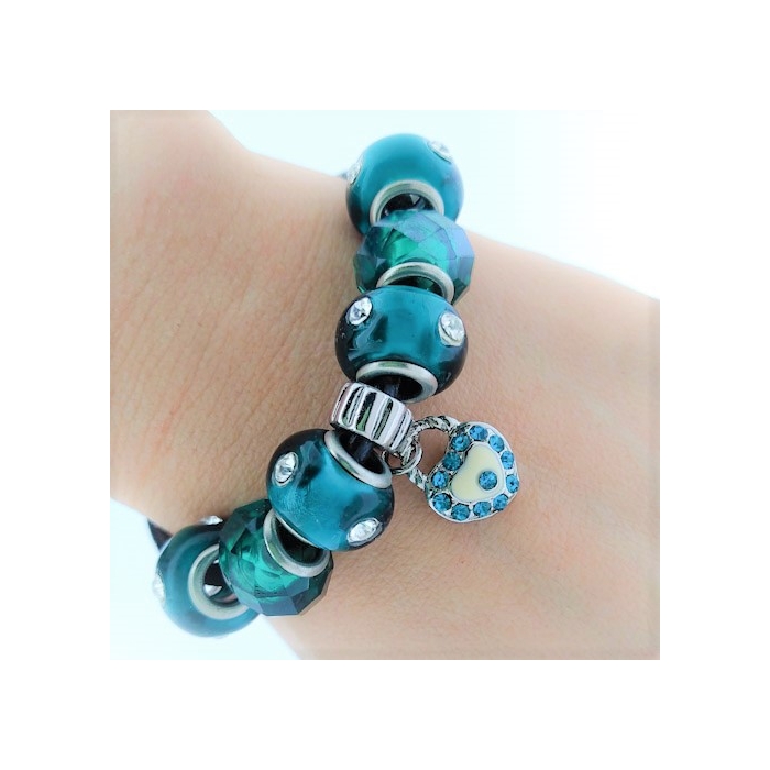 Brazalete de Encantos De corazón y Verdes Para Mujeres y Muchachas, Cadena de Cuerda De cuero, 7 pulgadas. Estilo Pandora®