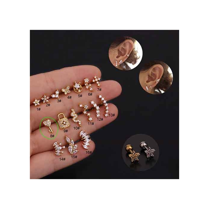 Arete en Forma de Llave Roscado para Lobulo de Oreja con Brillantes y Tono Dorado
