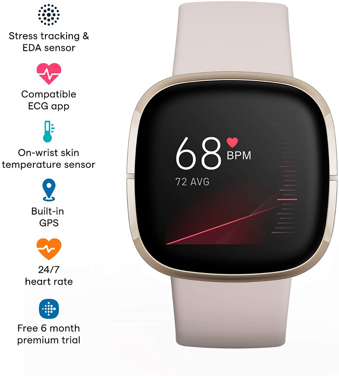 Fitbit Sense avanzado con herramientas para la salud del corazón, manejo del estrés y tendencias de temperatura de la piel, Alexa integrado, blanco / dorado, talla única (bandas S y L incluidas) - Flip image view