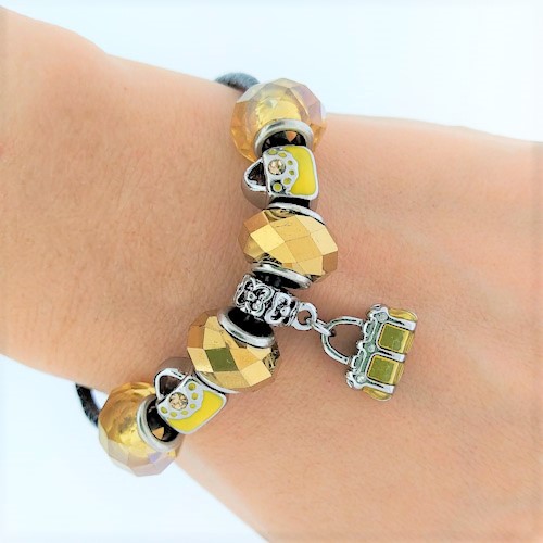 Brazalete de Encantos De Bolso y Amarillos Para Mujeres, Cadena de Cuerda De cuero, 7 pulgadas. Estilo Pandora® - Flip image view