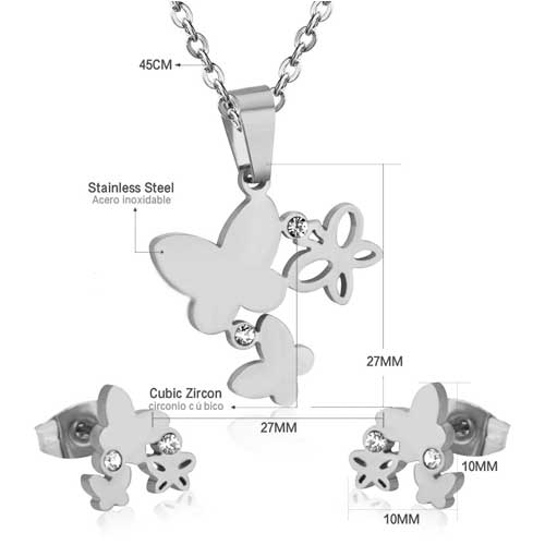 Set de Acero, Collar y Aretes en Forma de Mariposas - Flip image view